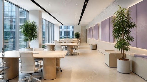Modern open plan corporate office interior with plants.