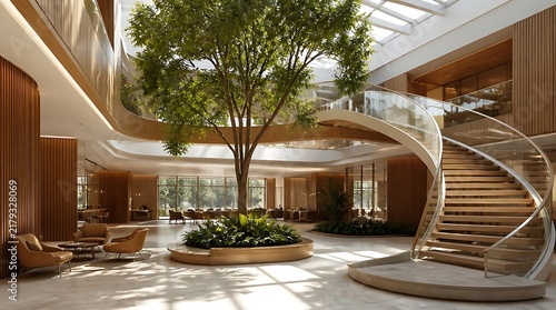 Modern hotel lobby with indoor tree and spiral staircase.