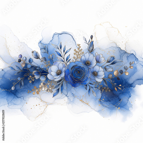 Deep blue floral bouquet set against a horizontal fluid alcohol ink wash with gold dust