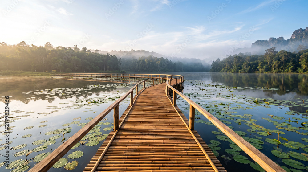 Fototapeta premium Wooden bridge over a calm lake with lotus flowers at sunrise in a misty forest landscape