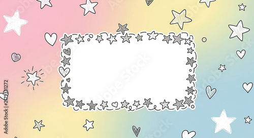 Pastel rainbow background with hand-drawn stars and hearts around a central blank space