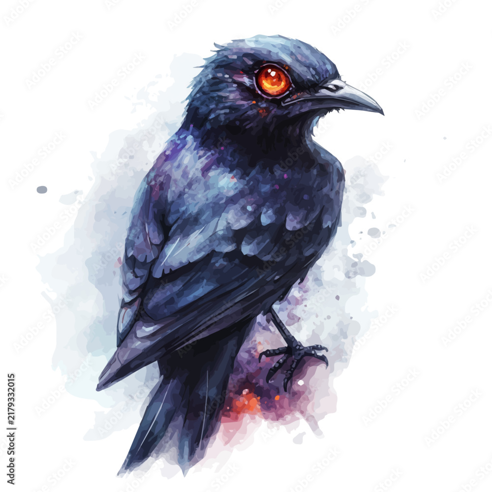 Fototapeta premium Cuckooshrike watercolor painting, semi-realistic fantasy illustration, gentle magical details, isolated on white