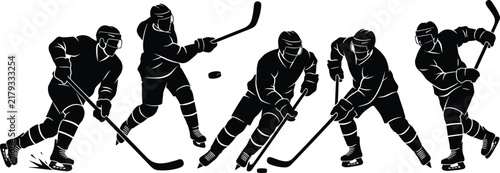 Photography Set of ice hockey player silhouettes in dynamic action poses with sticks and puc