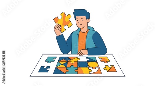 Man assembling a colorful jigsaw puzzle on a table, representing strategy and problem solving