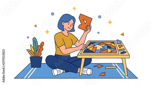 Woman assembling a colorful jigsaw puzzle at a table with puzzle pieces scattered around