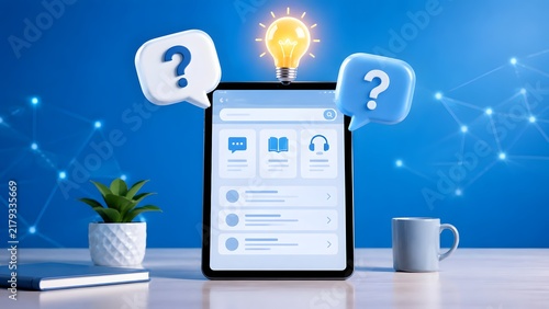 Online Learning FAQ And Knowledge Base Concept With Tablet And Light Bulb