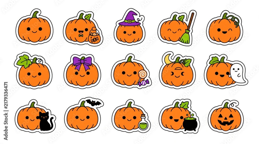 Fototapeta premium Hand-drawn Halloween pumpkin jack-o-lantern faces set with playful expressions and festive accessories