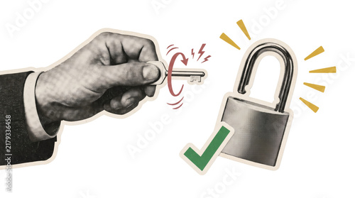 Vintage collage of hand turning key in an open padlock with approval mark for password access and security unlocking on a transparent background, with colored accents, with grayscale cutouts.