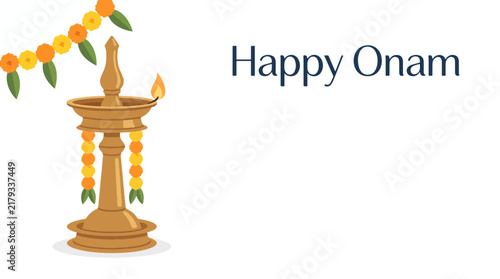 Happy Onam festival greeting card design with traditional oil lamp and flower garland