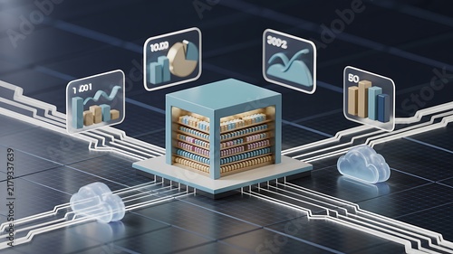 A sleek futuristic corporate digital infrastructure platform with integrated data analytics and cloud network connectivity