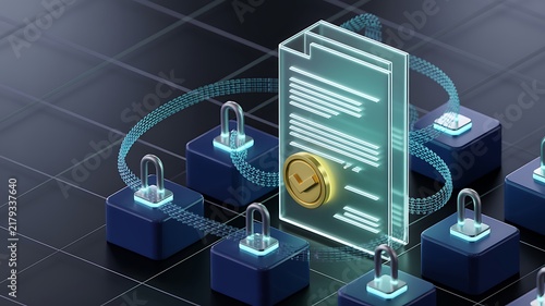 Sleek Futuristic Digital Illustration Representing Secure Blockchain Data Transaction and Encrypted Smart Contract Concept