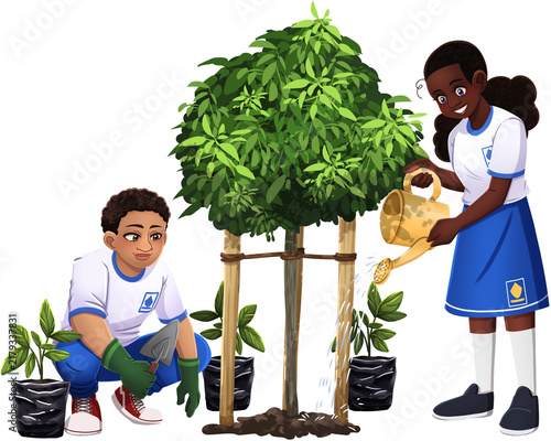 Brazilian Students Planting and Watering a Tree Illustration