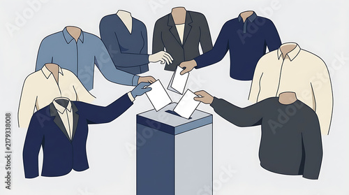 Diverse headless figures in shirts and suits casting votes into a ballot box with ballot paper