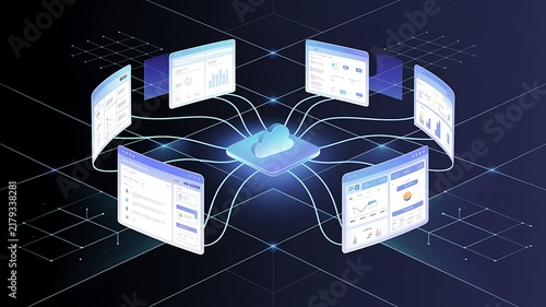 A sleek futuristic digital illustration depicting cloud computing network architecture with data visualization dashboards