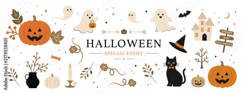 ハロウィンのイラスト素材セット ベクター 秋 10月 お洒落 黒猫 白背景