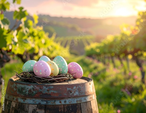 Painted eggs in a nest atop a weathered barrel, overlooking a sunlit vineyard