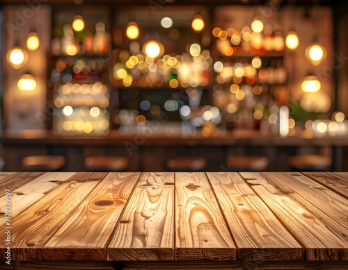 Wooden table foreground with blurred pub background of bottles, lights, and bar