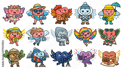 Cute Heart Photographer Characters for Four Seasons and Weather Adventures Cartoon Illustration Collection