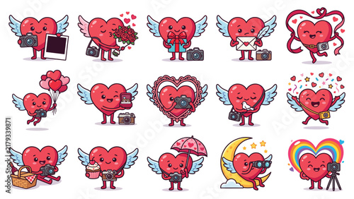 Cute Winged Heart Photographer Characters With Romantic Valentine Gifts and Cameras Cartoon Illustration Set