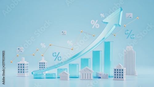 Financial Growth Graph Featuring Transparent 3D Bar Charts and Percentage Symbols on Light Blue Background
