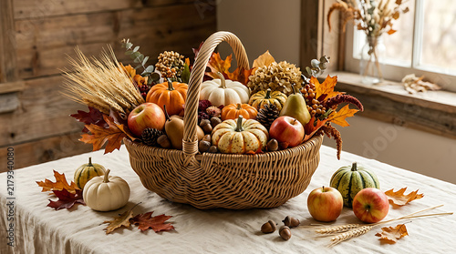 A rustic woven basket filled with colorful pumpkins gourds and autumn leaves on a linen table cloth