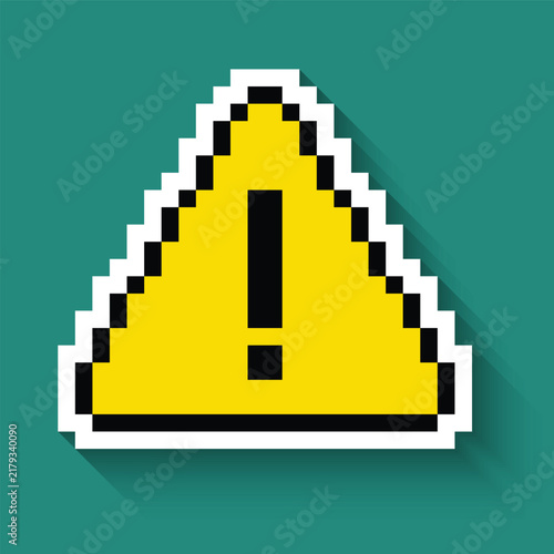 Warning sign pixel art icon with long shadow sticker 8 bit vector for computer game logo