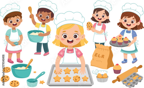 Cartoon illustration set of cute diverse children baking cookies and cupcakes wearing chef hats and aprons in a kitchen vector scene