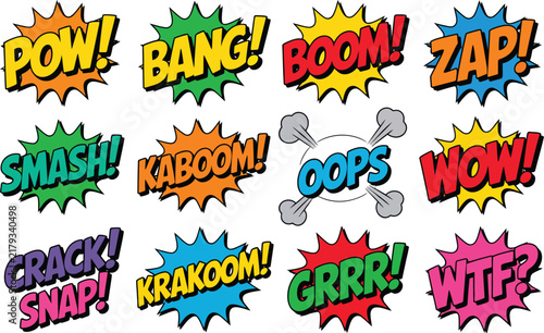 Comic book sound effects bubble set with colorful onomatopoeia words such as pow bang boom and wow in cartoon vector illustration style