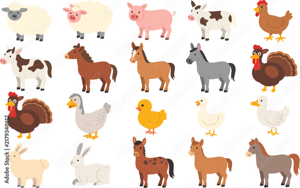 Obraz premium Cute cartoon farm animals vector collection featuring sheep cow horse pig donkey rabbit chicken goose turkey and duck isolated on white background