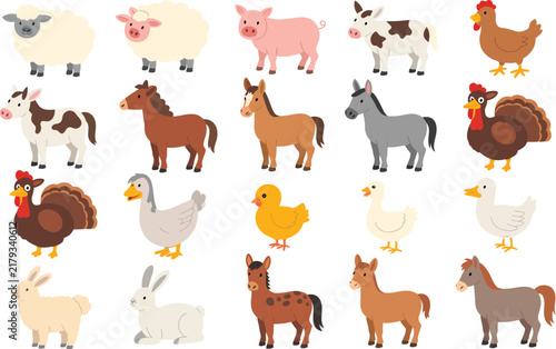 Cute cartoon farm animals vector collection featuring sheep cow horse pig donkey rabbit chicken goose turkey and duck isolated on white background