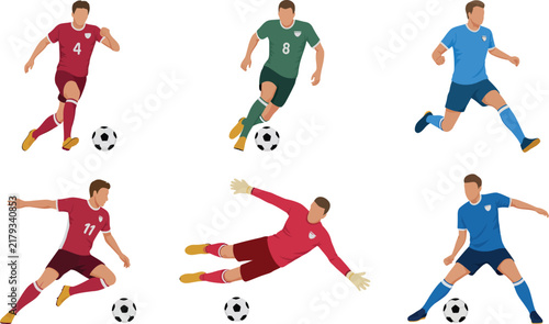 Flat vector illustration of soccer players in uniform running dribbling and goalkeeper diving to save ball isolated on white background