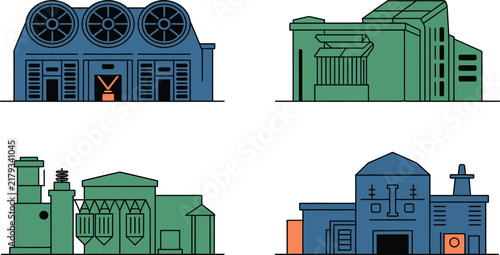 Industrial Factory Building Icon Set Featuring Flat Line Art Illustrations of Warehouses Power Plants Refineries and Manufacturing Facilities
