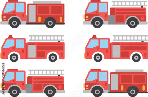 Flat Vector Red Fire Truck Icon Set Collection Showing Different Fire Engine Designs Isolated on White Background