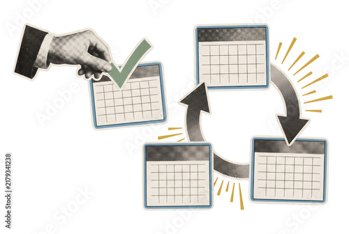 Retro collage of four calendars connected by circular arrows and approval mark, representing recurring schedule and planning cycle, with cutout hands, colored accents, and transparent background.