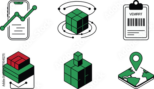 Isometric Logistics and Supply Chain Icon Set Featuring Smartphone Chart Cube Tracking Clipboard Barcode Data and Map Pointer Symbols