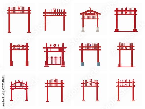 Traditional Korean Hongsalmun Red Sacred Gate Vector Icon Set