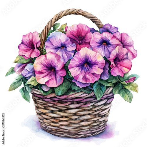 Cuadro en lienzo Petunia Basket watercolor painterly illustration, semi-realistic fantasy design,
