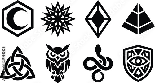 Collection of mystical occult and esoteric black vector icons including owl snake and geometric shapes