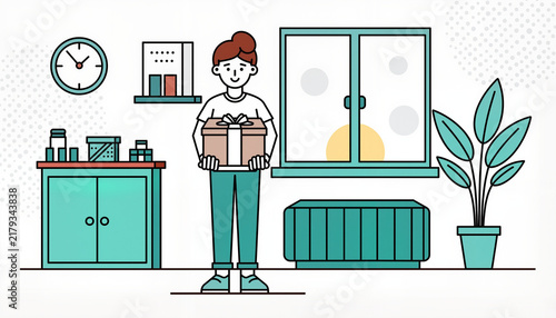 Young woman holding a gift box in a modern living room with plants, Flat Vector Style  