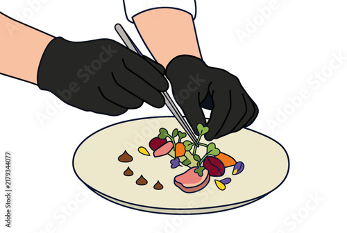 Chef hands in black gloves using tweezers to place microgreens on a gourmet plate with colorful ingredients, concept of fine dining precision and culinary artistry
