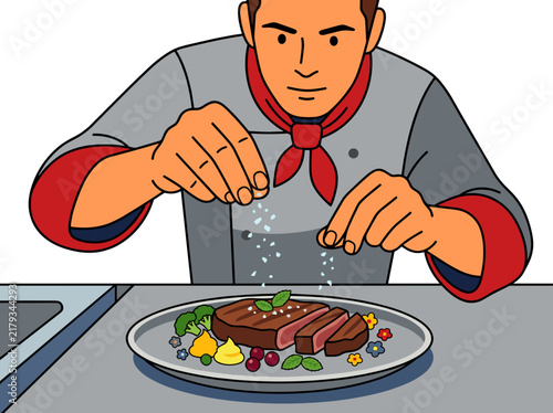Professional chef sprinkling flaked sea salt over sliced steak with colorful garnish on a restaurant plate, concept of final seasoning precision and gourmet presentation
