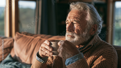 Thinking, old man and drink coffee in home for calm, relax and perspective with retirement in morning