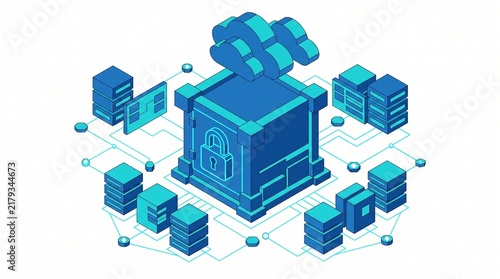 Isometric cloud storage vector illustration with secure database servers and lock vault