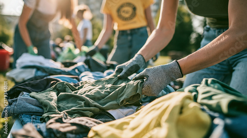 Close-up of volunteers arranging clothes for donation outdoors