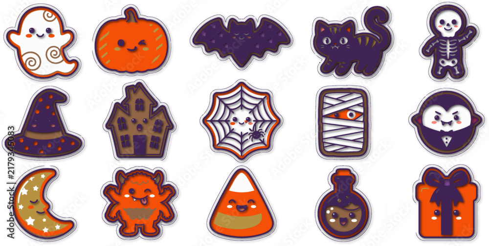 Fototapeta premium A collection of cute cartoon halloween sticker designs featuring ghosts pumpkins bats and other spooky holiday icons