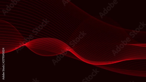 Abstract red wavy lines flow smoothly on a dark crimson backdrop. Dynamic fluid liquid ribbons move along these red wavy lines. Moody ambient visual motion animates the abstract red wavy lines.