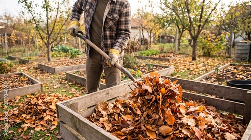 Man composting vibrant autumn leaves in a backyard garden with a shovel.