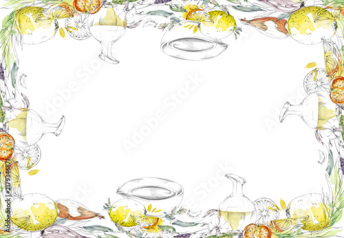 Citrus lemon, ripe tomato, shallot onion bulbs, olive oil, garlic cloves, tarragon. Fresh vegetables, herbs and spices, Mediterranean kitchen. Isolated hand drawn pencil and watercolor border frame.