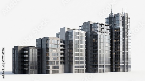 a 3d architectural render of modern glass office buildings arranged in ascending order on white