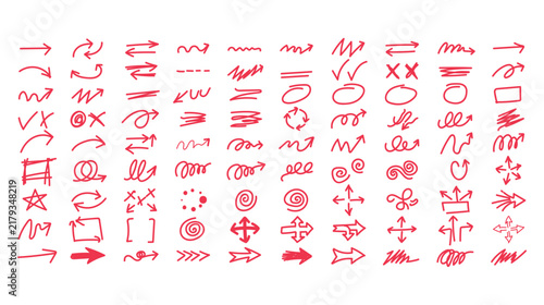 Collection of handdrawn red vector elements, sketchy arrows, check marks, and scribbles for design, doodles, crosses, accents, icons, and symbols set